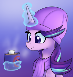 Size: 852x888 | Tagged: safe, artist:puetsua, starlight glimmer, pony, unicorn, clothes, female, glowing horn, hat, heart eyes, magic, mare, scarf, smiling, solo, telekinesis, wingding eyes