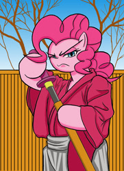 Size: 1409x1945 | Tagged: safe, artist:kai-ou, pinkie pie, earth pony, pony, bipedal, katana, pixiv, rurouni kenshin, samurai, solo, sword, weapon