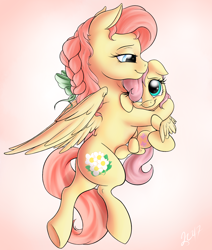 Size: 2800x3300 | Tagged: safe, artist:nobody47, fluttershy, oc, oc:fluttershy's mom, pegasus, pony, carrying, cute, filly, flutterlove, high res, shyabetes, simple background, smiling, underhoof, younger