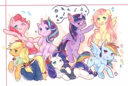 Size: 1748x1181 | Tagged: safe, artist:imoe_shichee, applejack, fluttershy, pinkie pie, rainbow dash, rarity, starlight glimmer, twilight sparkle, twilight sparkle (alicorn), alicorn, earth pony, pegasus, pony, unicorn, blushing, clothes, female, floppy ears, freckles, looking at you, mane six, mare, one eye closed, open mouth, sweat, wink