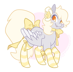 Size: 733x730 | Tagged: safe, artist:egophiliac, derpy hooves, pegasus, pony, abstract background, alternate hairstyle, bow, clothes, colored pupils, cute, flower, flower in hair, heart eyes, raised hoof, ribbon, smiling, socks, solo, striped socks, tail bow, wingding eyes