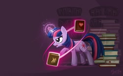 Size: 1680x1050 | Tagged: safe, artist:mysticalpha, derpibooru import, twilight sparkle, unicorn twilight, unicorn, book, glowing horn, horn, magic, solo, wallpaper