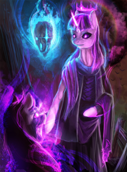 Size: 800x1081 | Tagged: safe, artist:elkaart, derpibooru import, twilight sparkle, semi-anthro, corrupted, creepy, evil, glowing eyes, robes, skull