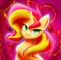 Size: 1141x1122 | Tagged: safe, artist:ikarooz, sunset shimmer, pony, unicorn, chest fluff, female, mare, smiling, solo