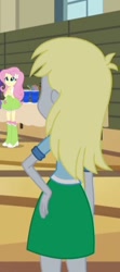 Size: 216x488 | Tagged: safe, screencap, derpy hooves, fluttershy, equestria girls, rainbow rocks, boots, clothes, cropped, cup, hand on hip, high heel boots, rear view, skirt, socks, straw, table