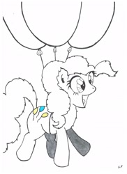 Size: 1700x2338 | Tagged: safe, pinkie pie, earth pony, pony, balloon, flying, smiling, then watch her balloons lift her up to the sky