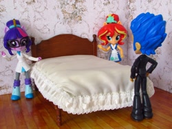 Size: 1600x1200 | Tagged: safe, artist:whatthehell!?, flash sentry, sci-twi, sunset shimmer, twilight sparkle, fish, equestria girls, bed, bedroom, clothes, doll, equestria girls minis, food, irl, photo, quilt, shoes, skirt, sunset sushi, sushi, toy, victorian