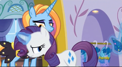 Size: 1501x837 | Tagged: safe, screencap, rarity, sassy saddles, pony, unicorn, canterlot boutique, clothes, dress, female, magic, mare, princess dress, telekinesis