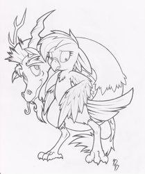 Size: 834x1000 | Tagged: safe, artist:dfectivedvice, derpibooru import, discord, rainbow dash, bird, draconequus, birdified, grayscale, monochrome, species swap, traditional art