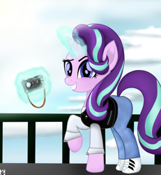 Size: 3600x3900 | Tagged: safe, artist:theretroart88, starlight glimmer, pony, unicorn, camera, clothes, cloud, female, levitation, looking at you, magic, mare, pants, rail, raised hoof, shoes, signature, sky, smiling, sneakers, solo, telekinesis, tourist, watermark