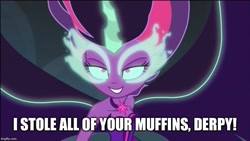 Size: 800x450 | Tagged: safe, edit, edited screencap, screencap, derpy hooves, midnight sparkle, sci-twi, twilight sparkle, equestria girls, friendship games, derpy fuel, end of the world, food, image macro, meme, midnight sparkle's lines, muffin, muffins fuel, pure unfiltered evil, smirk, this will end in tears, you monster