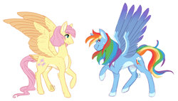 Size: 1280x728 | Tagged: safe, artist:seabreezy, derpibooru import, fluttershy, rainbow dash, pegasus, pony, alternate hairstyle, alternate universe, colored hooves, colored wings, female, flutterdash, headcanon, lesbian, mare, shipping, short hair