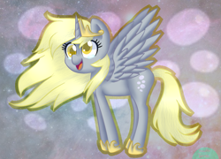 Size: 817x589 | Tagged: safe, artist:nichtffan, derpy hooves, alicorn, pony, alicornified, derpicorn, female, mare, muffin queen, race swap, solo, spread wings, wings