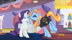 Size: 1499x831 | Tagged: safe, screencap, rarity, sassy saddles, pony, unicorn, canterlot boutique, clothes, duo, female, lidded eyes, mare, mid-blink screencap, saddle bag