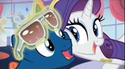 Size: 1507x835 | Tagged: safe, screencap, rarity, pony, unicorn, canterlot boutique, fashion plate, magic, open mouth, shades mcgrey, smiling, squishy cheeks, telekinesis