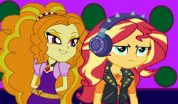 Size: 1800x1059 | Tagged: safe, artist:ktd1993, artist:mixiepie, artist:thebarsection, adagio dazzle, sunset shimmer, better together, equestria girls, clothes, evil grin, female, frown, geode of empathy, grin, headband, headphones, jacket, jewelry, leather jacket, lesbian, magical geodes, pendant, shipping, smiling, sunsagio