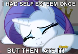 Size: 630x444 | Tagged: safe, screencap, rarity, pony, unicorn, canterlot boutique, boutique depression, chubby cheeks, cute, eyes closed, female, image macro, mare, marshmallow, marshmelodrama, meme, raribetes, rarity is a marshmallow, rules of rarity, sad, solo, text