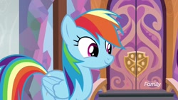 Size: 1920x1080 | Tagged: safe, derpibooru import, screencap, rainbow dash, pegasus, pony, the end in friend, door, female, mare, smiling, solo