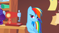 Size: 1366x768 | Tagged: safe, derpibooru import, screencap, rainbow dash, pegasus, pony, suited for success, art of the dress, carousel boutique, sewing machine, solo