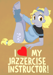 Size: 1000x1396 | Tagged: safe, artist:dbkit, derpy hooves, anthro, pegasus, unguligrade anthro, alternate hairstyle, brown background, clothes, female, jazzercise, leg warmers, looking at you, mare, simple background, solo, stretching, sweatband, underp, yoga