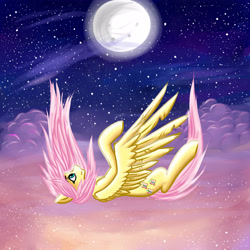 Size: 5200x5200 | Tagged: safe, artist:pegabella, fluttershy, pegasus, pony, absurd resolution, falling, moon, solo, stars