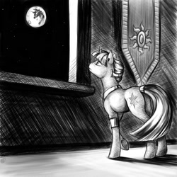 Size: 2000x2000 | Tagged: safe, artist:valkyrie-girl, derpibooru import, twilight sparkle, alternate hairstyle, mare in the moon, monochrome, moon, night, solo