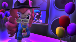 Size: 2560x1440 | Tagged: safe, artist:zigidi94, dj pon-3, pinkie pie, vinyl scratch, earth pony, pony, unicorn, 3d, balloon, rapper pie, shutter shades, source filmmaker