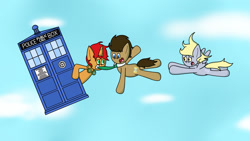 Size: 1920x1080 | Tagged: safe, artist:techreel, derpy hooves, doctor whooves, oc, oc:tick tock, pegasus, pony, doctor who, doctor whooves and assistant, female, mare, tardis