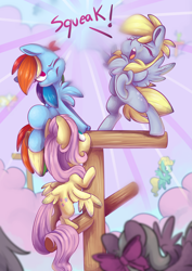 Size: 4961x7016 | Tagged: safe, artist:cutepencilcase, derpibooru import, derpy hooves, flitter, fluttershy, rainbow dash, zephyr breeze, pegasus, pony, absurd resolution, behaving like a bird, bow, cloud, cute, derpabetes, female, male, mare, stallion, trio