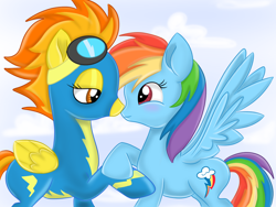 Size: 1024x768 | Tagged: safe, artist:sparkleshadow, derpibooru import, rainbow dash, spitfire, pegasus, pony, clothes, female, goggles, lesbian, shipping, spitdash, uniform, wonderbolts uniform