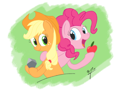 Size: 2048x1536 | Tagged: safe, artist:stuhp, applejack, pinkie pie, earth pony, pony, apple, rock