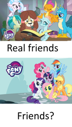 Size: 1280x2233 | Tagged: safe, derpibooru import, edit, edited screencap, screencap, applejack, fluttershy, gallus, ocellus, pinkie pie, rainbow dash, rarity, sandbar, silverstream, smolder, twilight sparkle, unicorn twilight, yona, changedling, changeling, classical hippogriff, dragon, earth pony, griffon, hippogriff, pegasus, pony, unicorn, yak, school daze, book, bow, cloven hooves, cowboy hat, dragoness, eyes closed, female, hair bow, hat, jewelry, male, mane six, mare, monkey swings, necklace, one eye closed, op is a cuck, op is trying to start shit, student six, wink