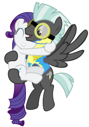 Size: 7000x10000 | Tagged: safe, artist:anxet, rarity, thunderlane, pegasus, pony, unicorn, absurd resolution, carrying, clothes, duo, eyes closed, female, flying, goggles, hug, lead pony badge, male, mare, rarilane, shipping, simple background, smiling, stallion, straight, transparent background, uniform, vector, wonderbolt trainee uniform