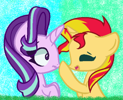 Size: 525x427 | Tagged: safe, artist:candy-adoptbases, artist:liya04, starlight glimmer, sunset shimmer, pony, unicorn, base used, boop, cute, eyes closed, female, glimmerbetes, lesbian, mare, open mouth, raised hoof, shimmerbetes, shimmerglimmer, shipping