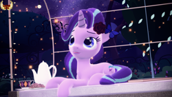 Size: 3840x2160 | Tagged: safe, artist:loveslove, starlight glimmer, pony, unicorn, 3d, book, commission, cookie, cute, female, flower, flower in hair, food, forest, glimmerbetes, looking up, mare, open mouth, sitting, solo, tea