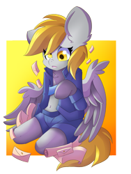 Size: 1200x1600 | Tagged: safe, artist:blazemizu, derpy hooves, pegasus, pony, semi-anthro, arm hooves, belly button, clothes, gradient background, letter, midriff, scroll, solo