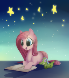 Size: 2267x2551 | Tagged: safe, artist:lolepopenon, gummy, pinkie pie, alligator, earth pony, pony, book, cute, cuteamena, hat, nightcap, pinkamena diane pie, prone, reading, smiling, stars