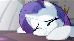 Size: 800x450 | Tagged: safe, screencap, rarity, pony, unicorn, canterlot boutique, boutique depression, chubby cheeks, cute, eyes closed, female, mare, raribetes, rules of rarity, sad, solo, squishy cheeks