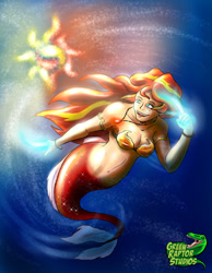 Size: 1024x1321 | Tagged: safe, artist:greenraptor15, sunset shimmer, human, mermaid, female, humanized, magic, mermaidized, not fiery shimmer, solo, species swap, sun, sunshine shimmer, underwater, water