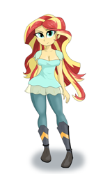 Size: 1836x3096 | Tagged: safe, artist:iyoungsavage, sunset shimmer, equestria girls, boots, breasts, cleavage, clothes, female, looking at you, shoes, simple background, smiling, solo, sunset jiggler, white background