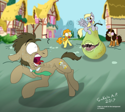 Size: 1158x1042 | Tagged: safe, artist:sukalaap, carrot top, derpy hooves, doctor whooves, golden harvest, oc, earth pony, pegasus, pony, unicorn, biting pear of salamanca, lolwut, obtrusive watermark, pear, ponyville, scared, sweat, that pony sure does hate pears, watermark, wide eyes