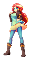 Size: 1930x3477 | Tagged: safe, artist:fizintine, sunset shimmer, equestria girls, boots, breasts, clothes, commission, cute, dress, female, jacket, leather jacket, looking at you, moe, pants, shoes, simple background, smiling, solo, sunset jiggler, white background