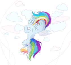 Size: 904x824 | Tagged: safe, artist:silvah-chan, derpibooru import, rainbow dash, pegasus, pony, flying, partial color, solo, upside down