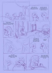 Size: 640x906 | Tagged: safe, artist:fadri, fluttershy, rarity, starlight glimmer, zecora, oc, oc:king speedy hooves, oc:queen galaxia, oc:tommy the human, pegasus, pony, unicorn, cauldron, comic, commissioner:bigonionbean, dialogue, everfree forest, fusion:king speedy hooves, fusion:queen galaxia, magic, potion, sketch, sleeping, writer:bigonionbean, wtf, zecora's hut