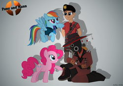 Size: 1064x750 | Tagged: safe, derpibooru import, pinkie pie, rainbow dash, earth pony, pegasus, pony, crossover, parody, pyro, scout, team fortress 2