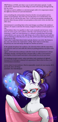 Size: 1024x2146 | Tagged: safe, artist:dragonfoxgirl, rarity, canterlot boutique, sewing, solo, text, wall of text