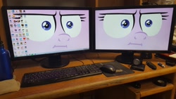 Size: 1328x747 | Tagged: safe, starlight glimmer, pony, marks for effort, computer, computer mouse, discord (program), glue stick, google chrome, i mean i see, icon, irl, keyboard, monitor, mousepad, mozilla firefox, photo, steam, tape, team fortress 2, wallet, watch, water bottle
