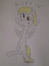 Size: 1024x1365 | Tagged: safe, artist:antlrmusic, derpy hooves, pegasus, pony, belly button, chest fluff, dialogue, female, flying, mare, open mouth, signature, simple background, solo, spread wings, traditional art, white background, wings