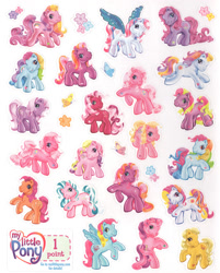 Size: 1280x1592 | Tagged: safe, derpibooru import, butterscotch (g3), cherry blossom (g3), cupcake (g3), fluttershy, fluttershy (g3), pinkie pie, pinkie pie (g3), rainbow dash, rainbow dash (g3), rainbow flash, skywishes, sparkleworks, star catcher, sunny daze (g3), thistle whistle, twinkle twirl, wysteria, earth pony, pony, g3, bumbleberry, official, petal blossom, scan, sticker, sweet breeze