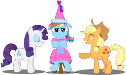 Size: 3243x1928 | Tagged: safe, artist:spellboundcanvas, derpibooru import, applejack, rainbow dash, rarity, earth pony, pegasus, pony, unicorn, clothes, dress, humiliation, rainbow dash always dresses in style, unamused